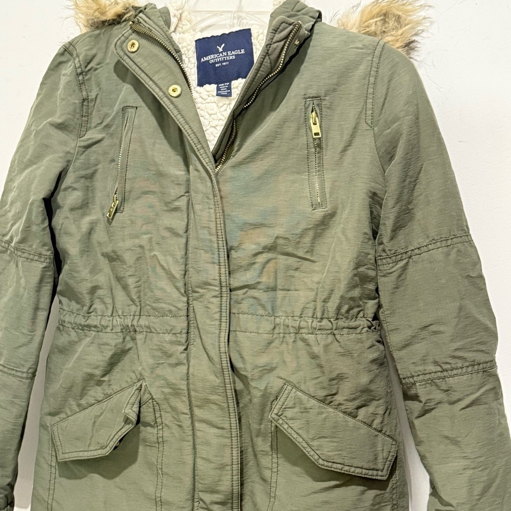 American Eagle Army Green Fur Trim Removable Hood Full Zip Jacket Coat Size XS - Picture 3 of 12